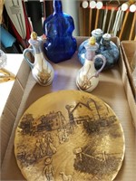 Bronze plate, misc glassware
