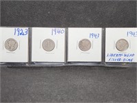 Lot of 4 Mercury Dimes: 1923, 1940, & 2- 1943