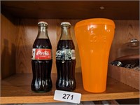 (2) Coca-Cola Bottles & Plastic Coca-Cola Cup