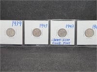 Lot of 4 Mercury Dimes: 1939, 2- 1943, & 1944