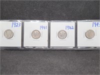 Lot of 4 Mercury Dimes: 1923, 1941, 1942, & 1943