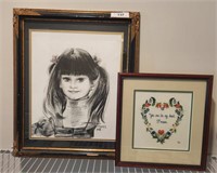 NEEDLE POINT AND CHARCOAL ART FRAMED