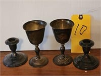 2-SPAIN WINE GOBLETS & 2-SILVERPLATE CANDLE HOLDER