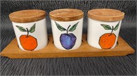 Vtg Ceramic Kitchen jars with wood