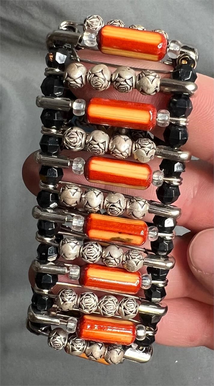 Vintage Stretch Bracelet Floral Orange Silver