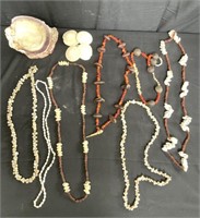 Group of coral and seashell necklaces, etc.