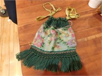 Victorian silk / fringe purse, pansy print, 10"