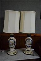 Pair Of Hand Decorated Custard Glass Lamps With