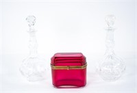Ruby Glass Dresser Box & Pr. of Cut Colognes
