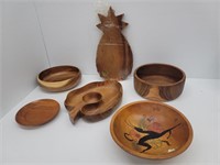 6 Vintage Wood Carved Serving Platters & Bowls