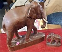 2 Wood Carved Elephants