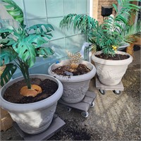 O608 Three outdoor Pots, couple w fake plants