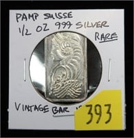Pamp Suisse half oz. .999 Fine silver bar, rare