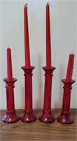 Red glass candle sticks & candles