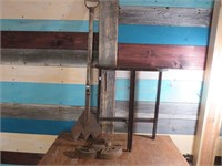ANTIQUE HAND HAY CUTTER & 3 CLOTHES IRONS