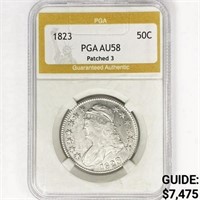 1823 Ptchd 3 Capped Bust Half Dollar PGA AU58