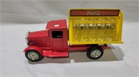 Vintage large metal coke truck and bottles