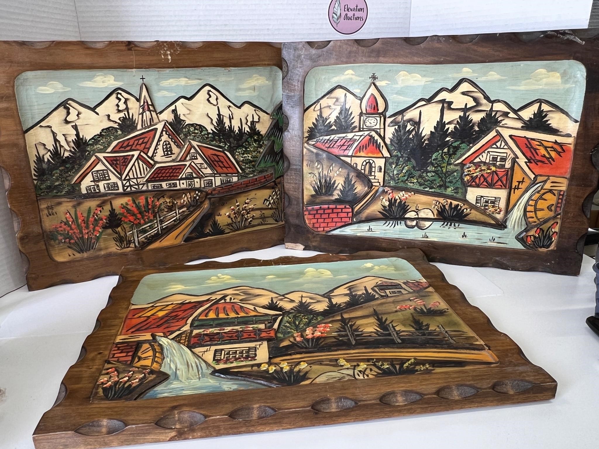 3 Beautiful Carved Wood 3-D Pictures