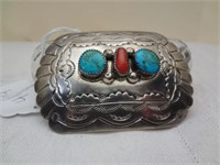 Native American Turquoise & Coral Belt Buckle Sign