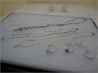 Sterling Lot Incl. 5 Necklaces, 3 Rings & A Cross