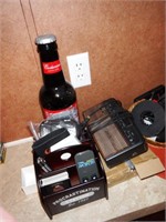 Emerson clock radio, plastic Budweiser bottle