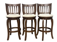 Three Wood Swivel Barstool Set with Linen Seats