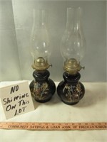 Pair of Black Glass Oil Lamps / Hurricane Lamps