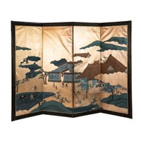 Japanese Gilt and Pigment 4 Panel Painted Screen