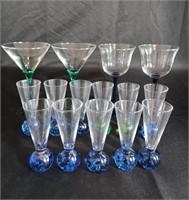 Lot Of  Green & Blue Stemmed Barware Glasses