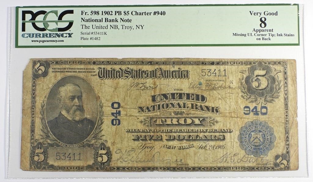 1902 PB $5 NATIONAL BANK NOTE PCGS 8