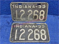 Pair: 1933 Indiana license plates (original cond)