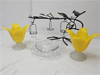Wrought Iron Birds Candle Holder & Art Glass