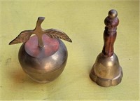 Old school brass bell, wood hand & brass apple...