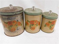 3 vintage metal kitchen canisters, glass knobs,