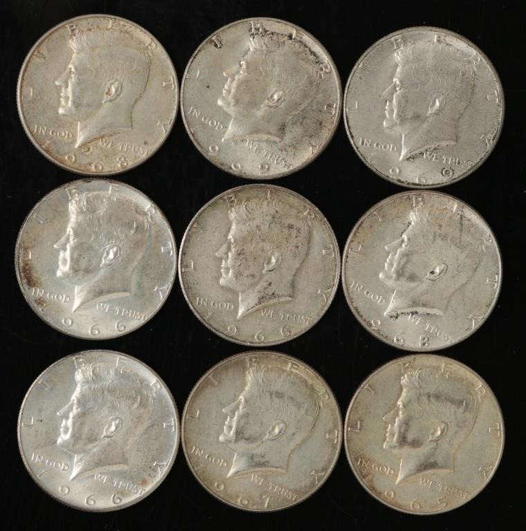 1965-70 Kennedy Half Dollars, 40% Silver (9)