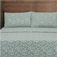 Sz King 4 PCS Mainstays Green Floral Flannel Sheet