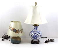 2 Art Pottery Stoneware + Blue & White Italy Lamps