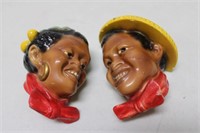 2 Vintage 1940`s Black Americana Chalkware Heads