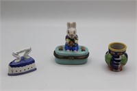 Antique Bunny Trinket Box, Ceramic Mini Iron+