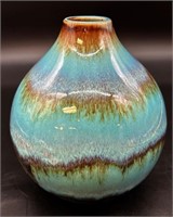 Beautiful Vtg Aqua Brown Drip Pottery Vase