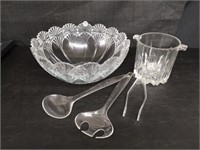 Glass Bowl & Ice Bucket w/Plastic Tongs & more