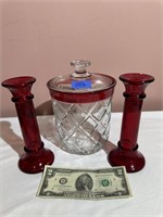 Crystal Biscuit Jar, 2 Candle Holders