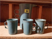 Pottery pitcher, mugs, 4 piece set