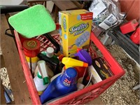 red crate of cleaning supplies, etc.