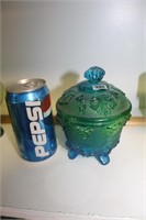 BLUISH GREEN CARNIVAL GLASS RAISED CANDY BOWL