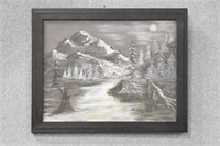 Original Oil Painting Moonlight Mountain Scene