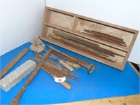 Steel Files in wooden box, concrete grinding stone