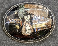 Vintage Sterling Silver Backed Hand Painted Brooch