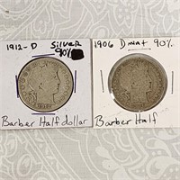 Antique 1912 & 1906 Barber Half Dollers 90% Silver