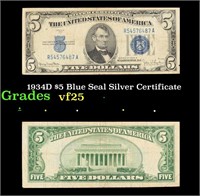 1934D $5 Blue Seal Silver Certificate Grades vf+